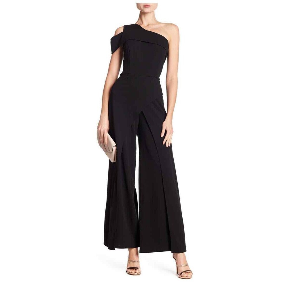 Marina women's Cut-Out One Shoulder Overlay Pant Stretch Jumpsuit Black 4US S